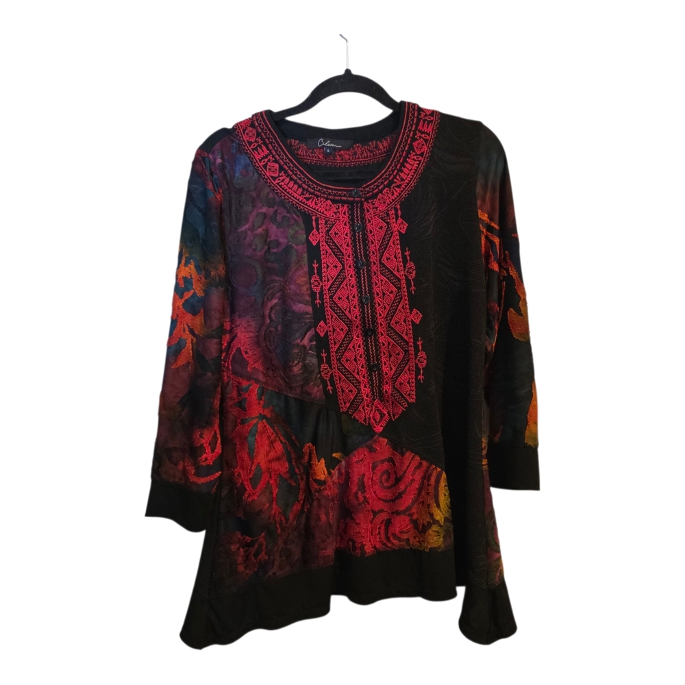 Calessa Embroidered Tunic 3/4 Button Long Sleeve Cutout Boho Large Lagenloook